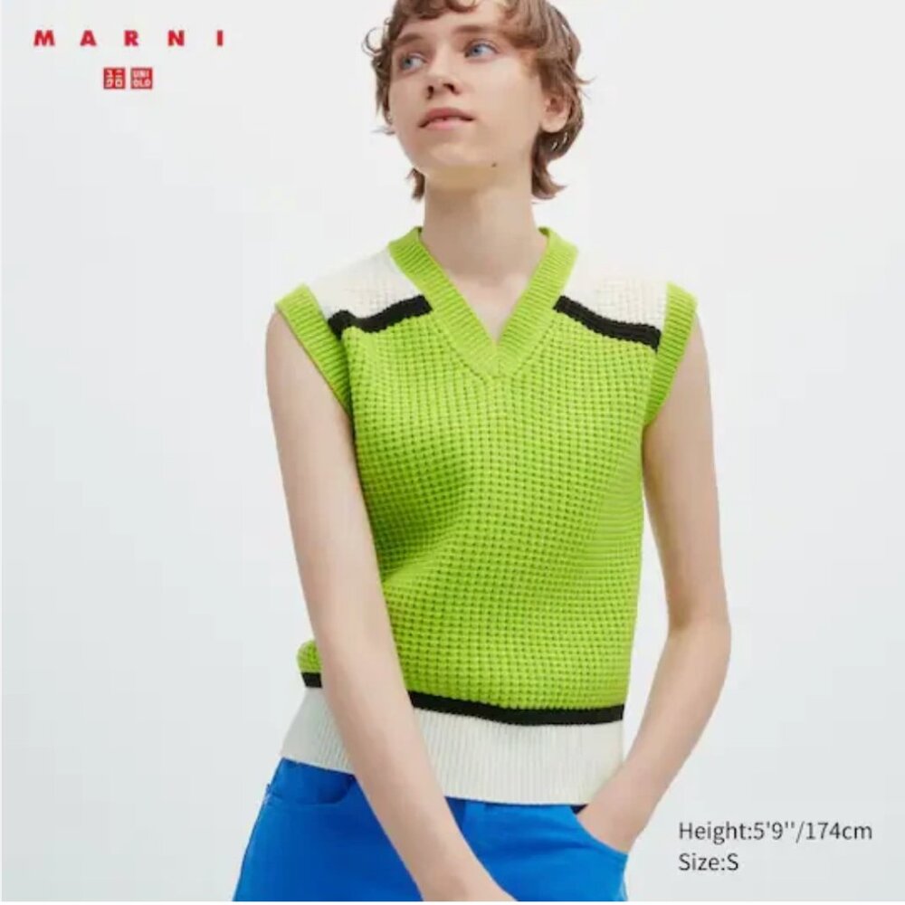 Uniqlo x Marni popcorn knitted v-neck vest - lime green chartreuse